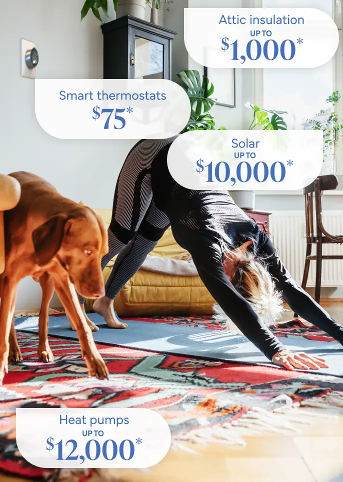 Woman does yoga with her dog in a brightly lit room. A smart thermostat is on the wall. Attic Insulation: Up to $1,000*. Smart Thermostat: $75*. Solar: up to $10,000*. Heatpumps: up to $12,000