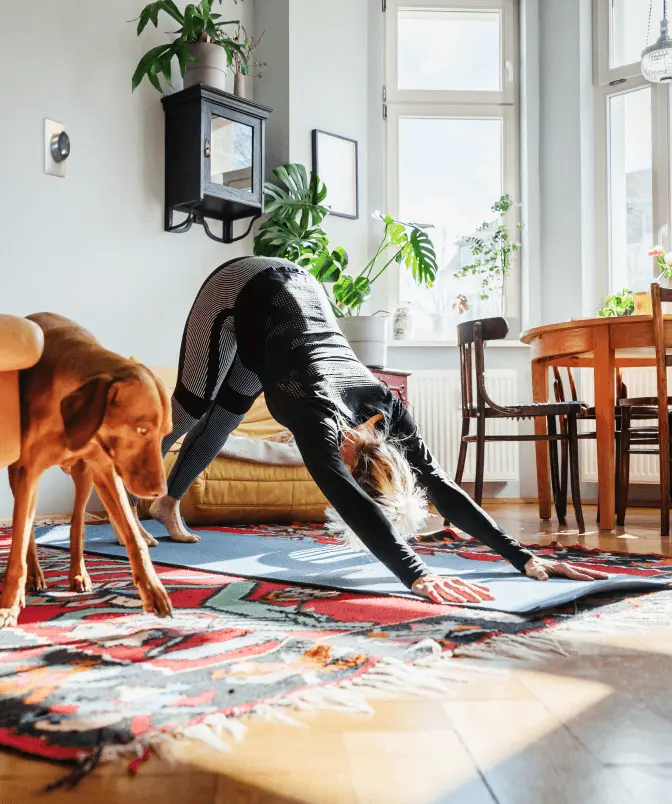 Woman does yoga with her dog in a brightly lit room. A smart thermostat is on the wall. Attic Insulation: Up to $1,000*. Smart Thermostat: $75*. Solar: up to $10,000*. Appliances: up to $200*. Heatpumps: up to $12,000